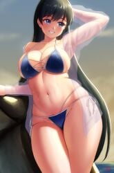 1girls absurdres arato_nagi arm_behind_back arm_up big_breasts bikini black_hair black_hair_female blue_bikini blue_eyes blush breasts cleavage clenched_teeth curvaceous curvaceous_female earrings female_only finalcake highres horizon light-skinned_female light_skin long_black_hair multi-strapped_bikini multi-strapped_bikini_top multi-strapped_panties nagi_arato navel ruri_no_houseki ruri_rocks side-tie_bikini_bottom sky smile solo solo_female standing stud_earrings swimsuit teeth thick_thighs thighs very_long_hair voluptous_female voluptuous wide_hips