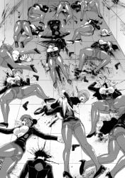 ass beast_anime breasts comic cum cum_in_mouth cum_inside death decapitation exposed_breasts female female_death female_only gun guro monochrome multiple_deaths multiple_girls severed_head thighs weapon