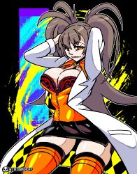 bad_link bra breasts brown_hair cleavage dr._arach female highres jewelry lab_coat lace lace_bra large_breasts long_hair looking_at_viewer necklace open_mouth orange_eyes orange_vest patterned_clothing short_hair smile solo th3gadfly tsukihime tsukihime_(remake) underwear vest