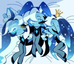 3boys bed bedroom_eyes bunny_ears bunnysuit cookie_run fishnets fount_of_knowledge inviting jester long_hair looking_at_viewer male playboy_bunny sage_of_truth shadow_milk_cookie smile tagme yoku_o_(artist)