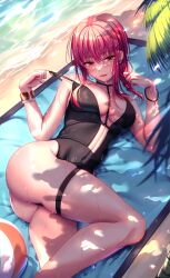 absurdres ass ball bare_arms bare_legs bare_shoulders beachball black_one-piece_swimsuit blush breasts chainsaw_man cleavage female hair_between_eyes highres kimchi_(user_mpzz8457) large_breasts long_braid long_hair looking_at_viewer lying makima_(chainsaw_man) on_side one-piece_swimsuit open_mouth red_hair solo swimsuit thigh_strap yellow_eyes