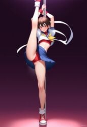 1girl ai_generated capcom dripping_sweat female pole_dancing red_panties red_shoes sakura_kasugano schoolgirl_uniform solo_female spotlight standing_split street_fighter stripper_pole upskirt white_headband