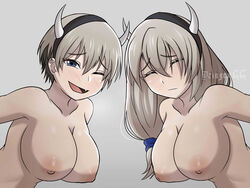 2girls absurdres blue_eyes blush cow_horns cow_print cute_fang eyelashes fake_animal_horns fake_horns frown grey_hair highres horns large_breasts long_hair looking_at_viewer milf mother_and_daughter multiple_girls nipples nude short_hair simple_background skin_fang upper_body uzaki-chan_wa_asobitai! uzaki_hana uzaki_tsuki wink zingexgg