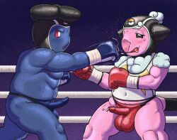 2025 anthro ballboxing bodily_fluids boxing boxing_gloves clothing cock_sheath dcheese digital_media_(artwork) duo erection erection_under_clothing female fight fighting_ring flaaffy futanari generation_1_pokemon generation_2_pokemon genital_fluids genital_outline handwear headgear intersex intersex/male leather leather_clothing leather_headgear male male/female nintendo penis_clothing pokemon pokemon_(species) precum slightly_chubby sport thong underwear vileplume