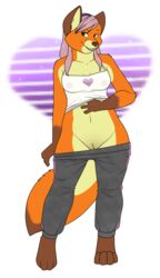 2017 anthro bottomless brandi breasts canine clothed clothing condom ear_piercing female flashing fox fur green_eyes hair hi_res looking_at_viewer mammal navel nipples os pants piercing pink_hair pussy red_fur smile solo standing teeth undressing