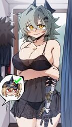 2024 big_breasts blush caesar_king changing_room cleavage commission dryegen46 green_hair hoyoverse huge_breasts lingerie luciana_de_montefio prosthetic_arm tagme yellow_eyes zenless_zone_zero