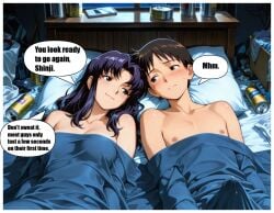 after_sex age_difference ai_assisted ai_generated bed bedroom blanket boner breasts cans cleavage comic couple embarrassed embarrassed_nude_male erection erection_under_blanket imminent_sex implied_virgin messy misato_katsuragi neon_genesis_evangelion night nipples nude older_female precum precum_drip sex shinji_ikari smirk speech_bubble supportive_partner text text_bubble under_blanket virginity_loss younger_male
