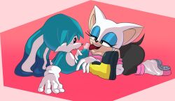 background bat_girl blue_skin boots caminacarro4000 colored eyelashes eyeshadow fennec_fox fox_boy fox_ears kitsunami_the_fennec licking_penis long_ears lying_on_stomach pattern_background penis rouge_the_bat sega shaded short_ears sitting_up sonic_(series) sonic_the_hedgehog_(archie) sonic_the_hedgehog_(comics) sonic_the_hedgehog_(idw) sonic_the_hedgehog_(series) white_skin