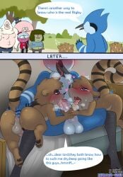 2026 anal anal_fingering animate_inanimate anthro anthro_on_anthro anus avian backsack balls benson_dunwoody bird blue_body blue_feathers blue_jay blush bodily_fluids bottomwear cartoon_network clothed clothed_male clothing corvid dialogue doug_(regular_show) english_text feathers fingering fur genitals group heart_eyes heart_symbol hi_res human humanoid_genitalia humanoid_penis jay_(bird) male male/male male_anthro mammal mordecai_(regular_show) mr-shin multicolored_body multicolored_feathers multicolored_fur muscle_man_(regular_show) new_world_jay nipples nude_anthro nude_male oscine passerine penis pops_maellard procyonid raccoon regular_show rigby_(regular_show) skips_(regular_show) speech_bubble sweat sweatdrop text topwear white_body white_feathers yeti