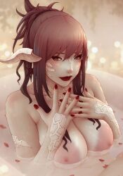 1girls 2025 armpit_crease au_ra bathing bathtub breasts completely_nude earrings eyeliner eyeshadow female female_focus female_only final_fantasy final_fantasy_xiv flower_petals gradient_hair green_eyes hi_res indoors large_areolae large_breasts light-skinned_female light_skin light_smile lipstick long_hair makeup nail_polish nipples nude petals pink_hair red_nails smile solo soranamae swept_bangs tied_hair two_tone_hair water