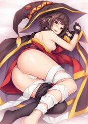 anus ass bandaged_leg bandages bare_shoulders barefoot black_gloves black_hair black_legwear blush breasts cape censored choker fingerless_gloves gloves has_uncensored_version hat heart heart_censor highres kokutou_(kazuakifca) kono_subarashii_sekai_ni_shukufuku_wo! looking_at_viewer lying megumin nipples on_side open_mouth red_eyes short_hair small_breasts sweat thighhighs thighhighs_pull witch_hat