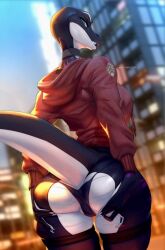 ass blurry blurry_foreground building chain-link_fence city cityscape depth_of_field female from_behind jacket skyscraper solo stadium