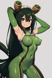 1girls ai_generated asui_tsuyu bodypaint bodysuit bottomless breasts green_hair my_hero_academia nipples painted_clothes pussy solo superheroine tagme tsuyu_asui userisbad