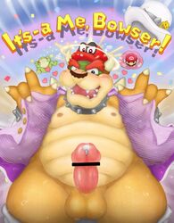 2017 amphibian anthro balls belly big_belly blue_eyes blush bottomless bowser cappy_(mario) censor_bar censored claws clothed clothing collar confetti cum erection facial_hair flashing frog green_scales hat heart horn humanoid_penis koopa male male_only mario mario_(series) moustache nintendo nipples open_mouth open_shirt penis possession precum presenting reptile reuben_(artist) scales scalie shirt smile solo spiked_armlet spiked_collar spikes standing super_mario_odyssey undressing video_games yellow_scales