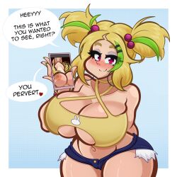 1girls 2023 big_breasts blonde_hair blush cleavage dialogue english_text female female_only green_highlights hi_res looking_at_viewer pholycarpie phone phone_screen red_eyes saya_(rizdraws) smiling smiling_at_viewer solo speech_bubble talking_to_viewer thick_thighs twintails underboob