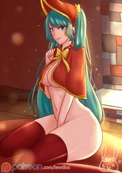 2017 blue_hair breasts capelet cleavage female female_only league_of_legends lewdlux riot_games silent_night_sona sitting snowdown_series snowdown_showdown_series solo sona_buvelle thighhighs underboob