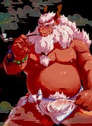 5_fingers anthro barazoku beads beard belly biceps blush claws clothed clothing dragon eastern_dragon erection facial_hair fur hair horn kemono kiseru long_hair looking_at_viewer male male_only mane musclegut pecs penis pipe scalie smile smirk smoke smoking solo topless tyranttotem underwear wet_underwear whiskers