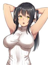 armpits arms_up black_hair breasts elf elf_(houtengeki) female female_only hair_ribbon houtengeki large_breasts long_hair open_mouth original pointy_ears ribbed_sweater ribbon shirt simple_background sleeveless solo sweater turtleneck twintails white_background yellow_eyes