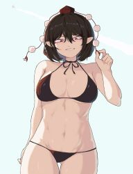 1girls 2d belly belly_button bikini black_hair blush breasts female pointy_ears pom_poms red_eyes shameimaru_aya short_hair smile son_(artist) source tengu tokin_hat touhou