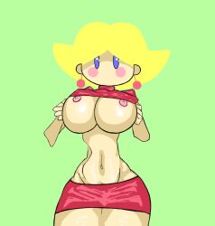 belly_button blonde_hair blue_eyes blush blush breasts breasts breasts_out crunchcap earrings earthbound earthbound_(series) exposed_breasts green_background lifted_by_self lifting_shirt mature_female ness's_mom nipples no_mouth red_clothing revealing_clothes short_skirt turtleneck white_skin wide_hips