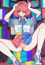 ai_generated ass colorful exposed_pussy female ghost_and_pals hands_on_own_head highres kennith_(ghost_and_pals) looking_at_viewer multicolored_clothing multicolored_shirt multicolored_skirt mv_character pink_eyes pink_hair pussy shoes skirt solo squatting stable_diffusion thighs tv upskirt