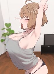 anis_(nikke) armpits arms_up big_breasts black_panties breasts brown_eyes brown_hair butt_crack cleavage female goddess_of_victory:_nikke highres huge_breasts hulu_(artist) indoors large_breasts looking_at_viewer looking_to_the_side open_mouth panties plant seductive shirt short_hair sideboob solo stretching tank_top television underwear yawning