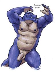 2015 acetanker alligator balls captaingerbear crocodilian humanoid_penis long_foreskin looking_at_viewer male male_only musclegut muscular navel penis reptile scalie simple_background solo tanks_(character) uncut unretracted_foreskin