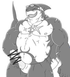 1boy anthro blush censored erection eyewear fish iriai_inasa male male_only marine monochrome musclegut penis scar shark smile solo sunglasses tattoo tokyo_afterschool_summoners typhon_(tokyo_afterschool_summoners)