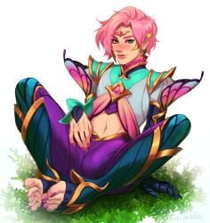 1boy blush clothed clothing erection erection_under_clothes ezreal faerie_court_ezreal faerie_court_series fairy feet femboy feminine_male grass league_of_legends looking_at_viewer male male_only oggihelga pink_hair solo