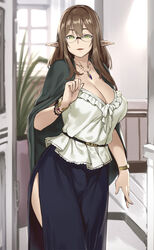 bangs beads belt blouse bracelet breasts brown_hair brown_haired_glasses_elf_(houtengeki) cape cleavage elf female female_only frills glasses green_eyes houtengeki indoors jewelry large_breasts long_hair looking_at_viewer original parted_lips pendant plant pointy_ears skirt smile solo window wristband