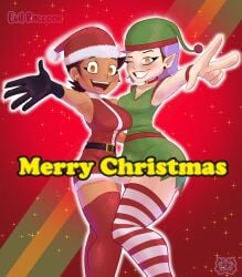 2girls amity_blight armpits canon_couple christmas christmas_clothing christmas_outfit dark_skin disney evil_raccoon female female_only gold_eyes latina lgbt luz_noceda multiple_girls one_eye_closed peace_sign pointy_ears purple_hair smile text the_owl_house thighhighs tight_clothing white_skin wholesome witch yuri