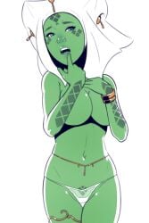 1female 2d alien alien_girl blue_hair breasts dave_cheung female green_body green_lips green_nightgown green_skin jedi jedi_padawan mirialan nude_female panties parody_porn star_wars white_panties yara_larso