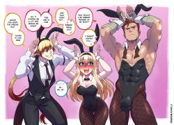 2boys1girl abs big_penis blonde_hair blue_eyes blush born_of_itheriont breasts bulge bunny_ears bunnysuit kawa-v kazan_eld leiko_stauss long_hair muscular muscular_male red_hair short_hair text thighs