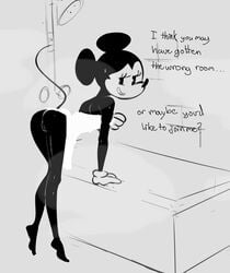 2017 alternate_body_type anthro ass barefoot black_fur bottomless clothing digital_media_(artwork) disney english_text eyelashes female filthypally fur gloves half-closed_eyes leaning leaning_forward long_eyelashes looking_back mammal minnie_mouse monochrome mouse naked_towel open_mouth presenting presenting_hindquarters pussy raised_tail rear_view rodent shower_room solo text towel