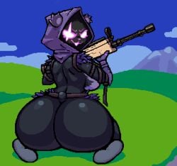 animated anthro ass big_breasts big_butt biped bouncing_butt breasts clothed clothing epic_games female fortnite fur gun headgear headwear hi_res holding_gun holding_object holding_weapon huge_butt looking_back nebssik outside pixel_art ranged_weapon raven_team_leader short_playtime smile weapon