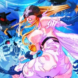 angel angewomon bakemon blonde_hair digimon digimon_(species) female gerusyu hair_grab hair_pull helmet long_hair male skullbaluchimon soulmon torn_clothes