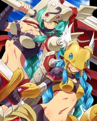 amazon amazonian armor blue_hair braid braided_hair digimon digimon_(species) digimon_xros_wars greatsword green_hair helmet long_hair mervamon minervamon shield sword very_long_hair weapon yellow_eyes