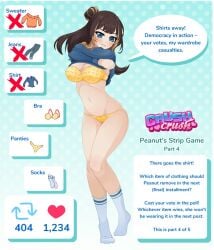 1girls accurate_art_style blue_eyes bra brown_hair copyright_logo crush_crush english_text female female_only light-skinned_female official_art panties peanut_(crush_crush) sad_panda_studios socks solo strip_game stripping