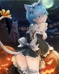 1girls alternate_species ass bangs black_cat blue_eyes blue_hair cat cat_ears cat_tail cosplay female female_only hair_ornament halloween looking_back looking_back_at_viewer maid maid_headdress maid_uniform matching_hair/eyes pumpkin re:zero_kara_hajimeru_isekai_seikatsu rem_(re:zero) roswaal_mansion_maid_uniform short_hair sideboob solo x_hair_ornament