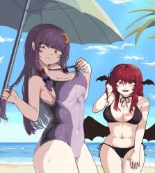 2d 2girls beach belly belly_button big_breasts bikini blush breasts cleavage female hair_accessory head_wings koakuma long_hair navel one-piece_swimsuit patchouli_knowledge purple_eyes purple_hair red_eyes red_hair smile smiling son_(artist) source succubus swimsuit touhou umbrella wet wings