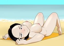 beach breasts code_lyoko female female_only nipples nude rodjim solo sunbathing towel yumi_ishiyama