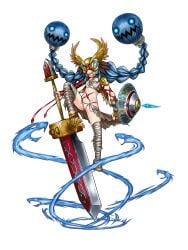 1girls artist_request bandage blue_hair braid braided_hair chest_wraps digimon digimon_(species) female female_only greatsword leg_wrap living_hair long_hair minervamon minervamon_x olympos_xii shield solo sword very_long_hair weapon x_antibody