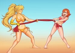 2girls abs beach bikini blonde_hair blue_eyes breasts cleavage cyborg duo duo_female exercise female female_only fit fit_female friends ginger_hair happy happy_female high_ponytail mcmystery multiple_girls nora_valkyrie orange_hair outdoors pink_bikini ponytail purple_eyes robotic_arm rooster_teeth rwby scars smiling smiling_at_another teen teenage_girl teenager tied_hair tug_of_war yang_xiao_long yellow_bikini