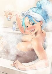 aqua_(konosuba) arm_rest bathing bathtub blush breasts choko_(cup) completely_nude contemporary cup drink drunk female forehead hair_bun highres holding holding_cup izawa_(bhive003) kono_subarashii_sekai_ni_shukufuku_wo! large_breasts looking_at_viewer looking_to_the_side nose_blush nude partially_submerged refraction sake sake_bottle single_hair_bun sitting solo steam tokkuri towel white_towel