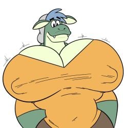 bara_tiddies bara_tits big_chest big_nipples big_pecs blue_hair cleavage colelucario dragon fangs gigantic_chest gigantic_pecs green_body green_skin huge_chest huge_pecs large_pectorals male male_cleavage male_only man_boobs man_breasts massive_chest massive_pecs moobs oliver_(colelucario) sharp_teeth tanookers