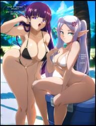 2girls angry beach big_breasts breasts elf elf_ears felox08 female female_only fern_(sousou_no_frieren) frieren hime_cut large_breasts long_hair multiple_girls purple_eyes purple_hair sousou_no_frieren swimsuit text thick_thighs white_hair