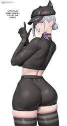 1girls athletic athletic_female big_breasts bodysuit booty_shorts bubble_butt cap cappie_(miside) crossover girls'_frontline gloves goth goth_girl j_adsen miside mita_(miside) necktie purple_eyes rpk-16_(girls'_frontline) silver_hair thick_ass thick_thighs thighhighs thighs v_sign