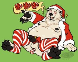 anthro anus balls bear bell belly black_penis bodily_fluids bow_(decoration) candy_cane_in_ass christmas christmas_clothing christmas_headwear clothing costume cross-eyed drooling erection genitals green_background hat headgear headwear hi_res holidays humanoid_genitalia humanoid_penis hypnosis jingle_bell legwear male male_only mammal marsh_(polarmarsh) mind_control navel nipples open_mouth open_smile overweight overweight_male penis polar_bear ringed_eyes saliva santa_costume santa_hat simple_background skdaffle smile solo speech_bubble stockings ursine