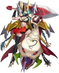 1girls amazon amazonian braid braided_hair digimon digimon_(species) digimon_xros_wars female female_only greatsword green_hair jetmervamon jetpack long_hair mervamon official_art solo sword very_long_hair weapon yellow_eyes