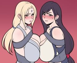 2girls bare_shoulders blonde_hair blush bondage bound breasts brown_hair collarbone crossover earrings female female_only final_fantasy final_fantasy_vii highres jam-orbital jewelry large_breasts long_hair looking_at_viewer multiple_girls naruto naruto_(series) orange_eyes squeezing_breast sweatdrop tape tifa_lockhart tsunade unfinished upper_body